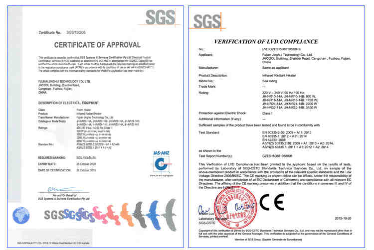 SGS certificate obtained by JH heater
